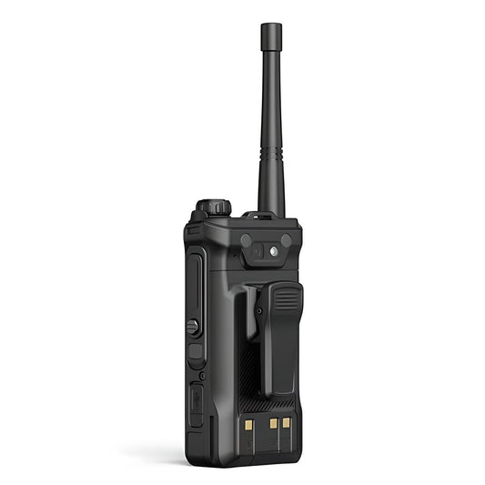 4G LTE walkie talkie illustrating unlimited range communication via cloud network.