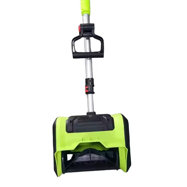 Cordless snow shovel equipped with a powerful brushless motor for efficient snow removal.