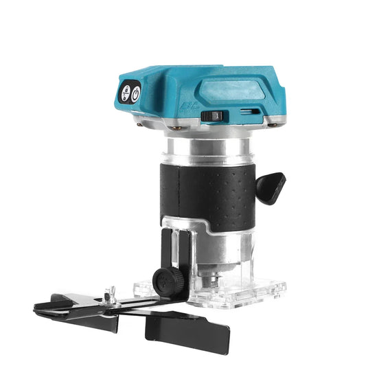 Cordless blue wood router on a wooden workbench in a professional workshop.