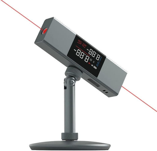 Gray digital laser inclinometer on a stand projecting a red line.