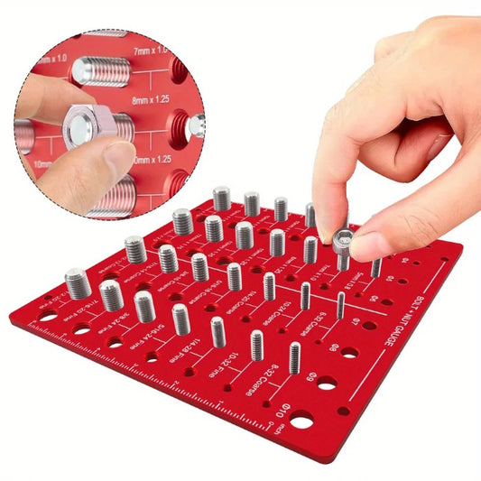 Hands checking a metal bolt size using a Taskrafter thread identifier tool.