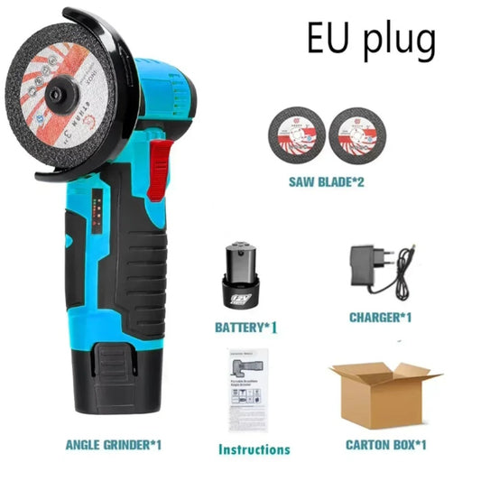12V cordless angle grinder kit with EU plug charger, battery, and 2 saw blades.