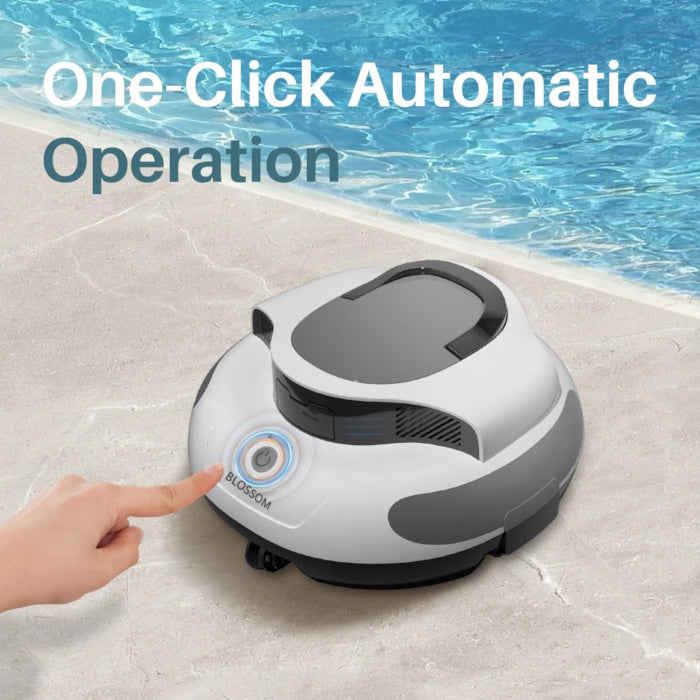 White cordless robotic pool cleaner with two brushes and internal view