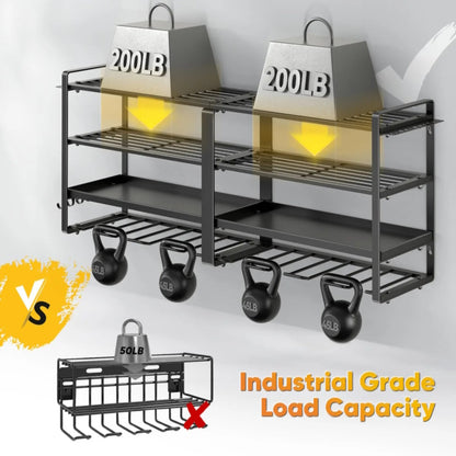 Industrial grade steel tool rack supporting 400lbs on standard wall studs.