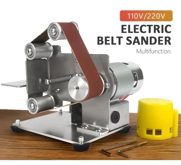 Multifunction electric belt sander with yellow protective cover and hex keys.