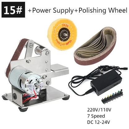 Mini belt sander with power supply, sanding belts, and a yellow polishing wheel.