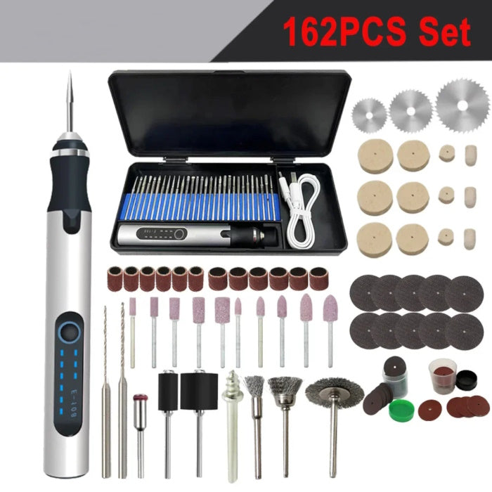 162-piece engraver set with sanding discs, drill bits, saw blades, and USB-C pen.