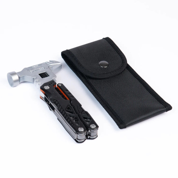 Black multifunctional wrench hammer tool with pliers and saw on white background