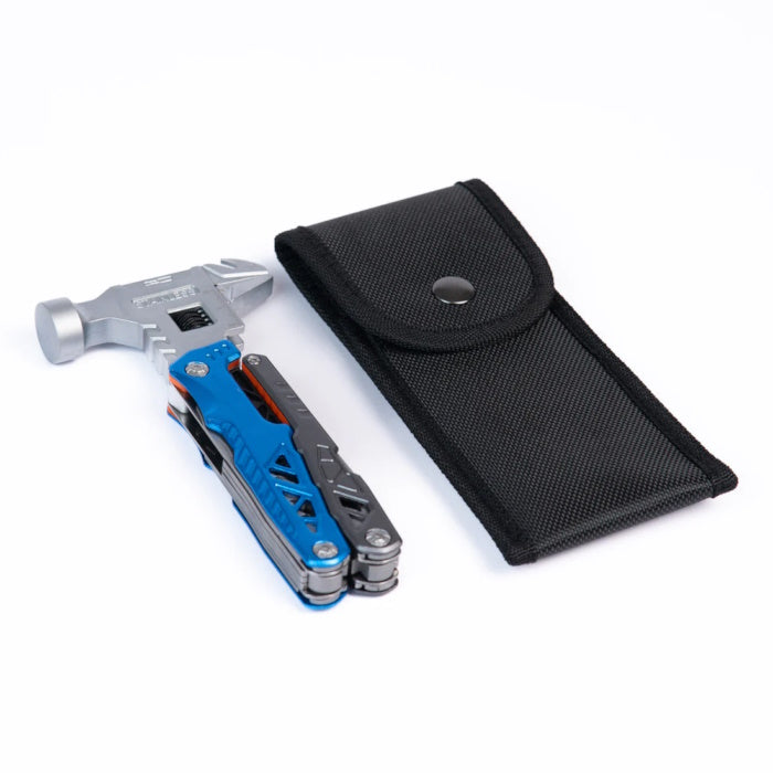 Blue multifunctional tool with wrench, hammer, and pliers on a white background