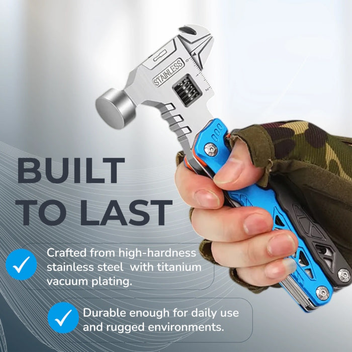 Multifunctional tool showing safety whistle, magnesium rod, and hammer function.
