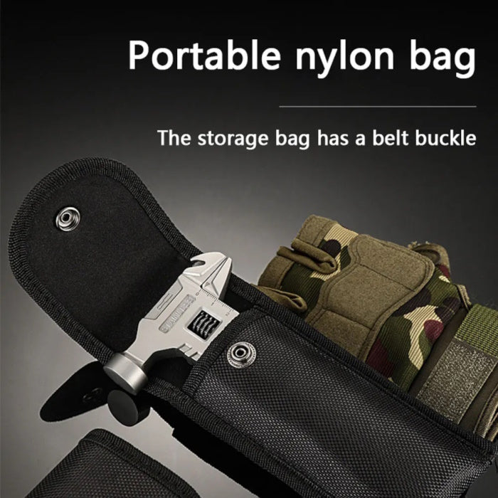 Silver 18-in-1 multifunctional wrench hammer shown with its black nylon pouch