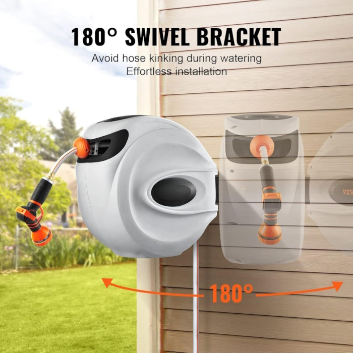 White hose reel showing 180-degree rotation on a wall mount for garden kinking.