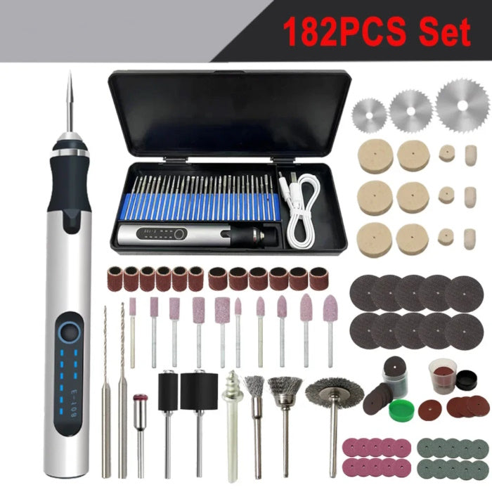 40-piece electric engraver set with USB-C pen, diamond bits, and storage case.
