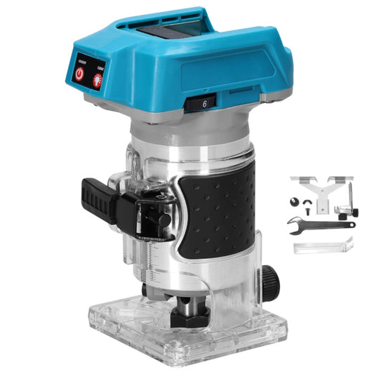 Cordless wood router with transparent base, 6-speed dial, and accessory wrench.