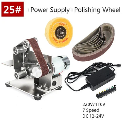 Type 25 mini belt sander with polishing wheel, power supply, and sanding belts.