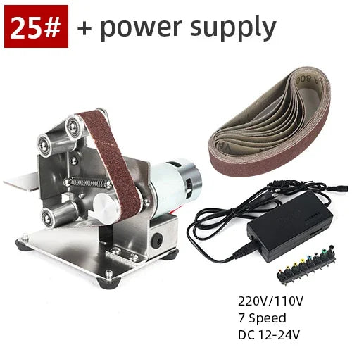 Type 25 mini belt sander with a 7-speed power supply and extra sanding belts.