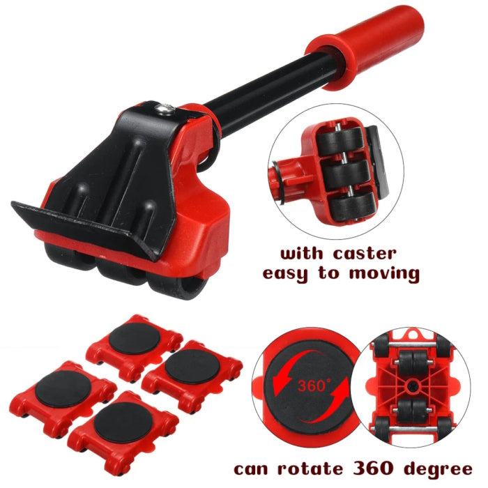 Close-up of a 360-degree rotating non-slip pad on a red furniture mover roller.