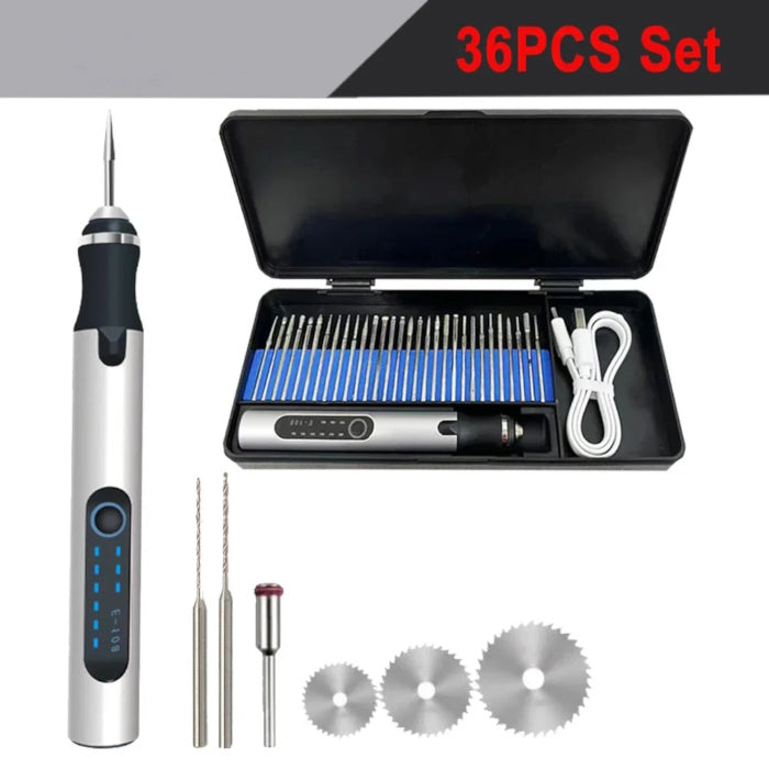 36-piece electric engraving set with rotary pen, USB cable, and bits in a case.