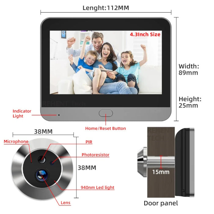 Diagram showing 4.3" monitor dimensions, camera PIR sensor, and 15mm door hole