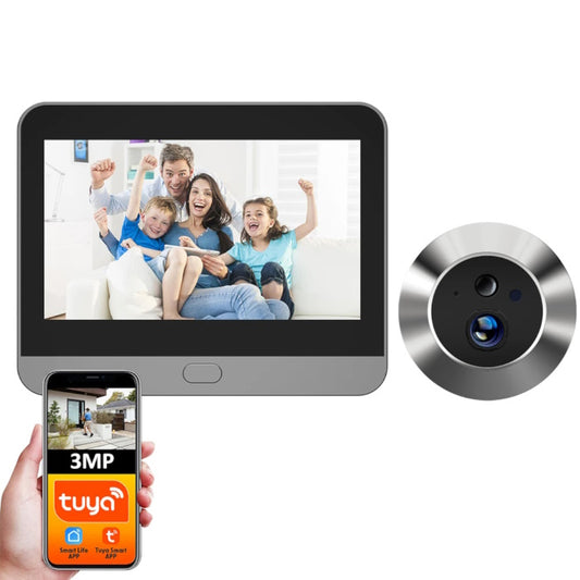 ndoor LCD monitor showing a happy family and a Tuya app on a mobile phone
