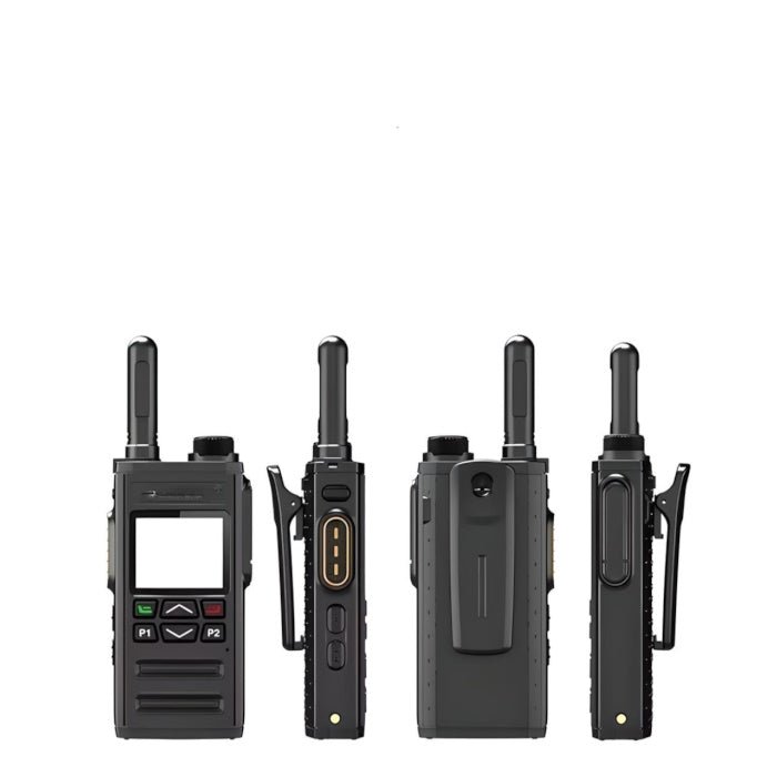 Handheld 4G LTE walkie talkie held by a driver inside a vehicle cabin