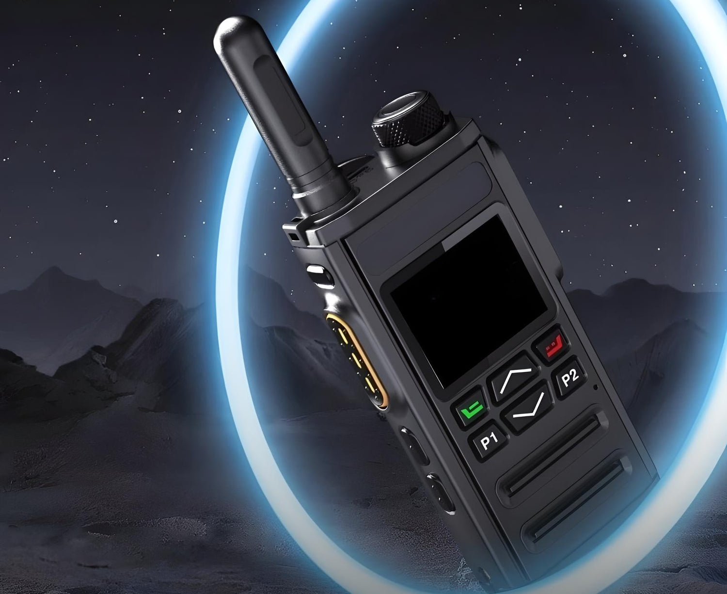 4G LTE Walkie Talkie set with charging dock, antenna, and 6000mAh battery