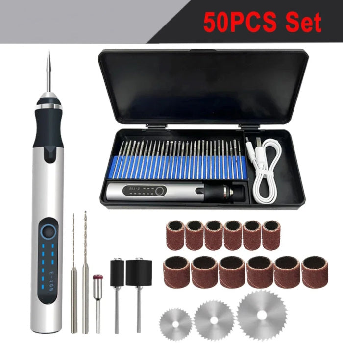 50-piece engraver set with sanding bands, drill bits, saw blades, and USB-C pen.