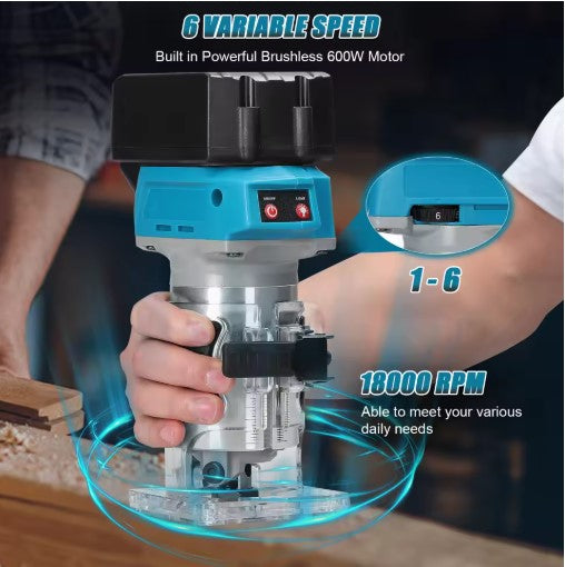 Handheld brushless wood router showing 6-speed dial and 18,000 RPM power display.
