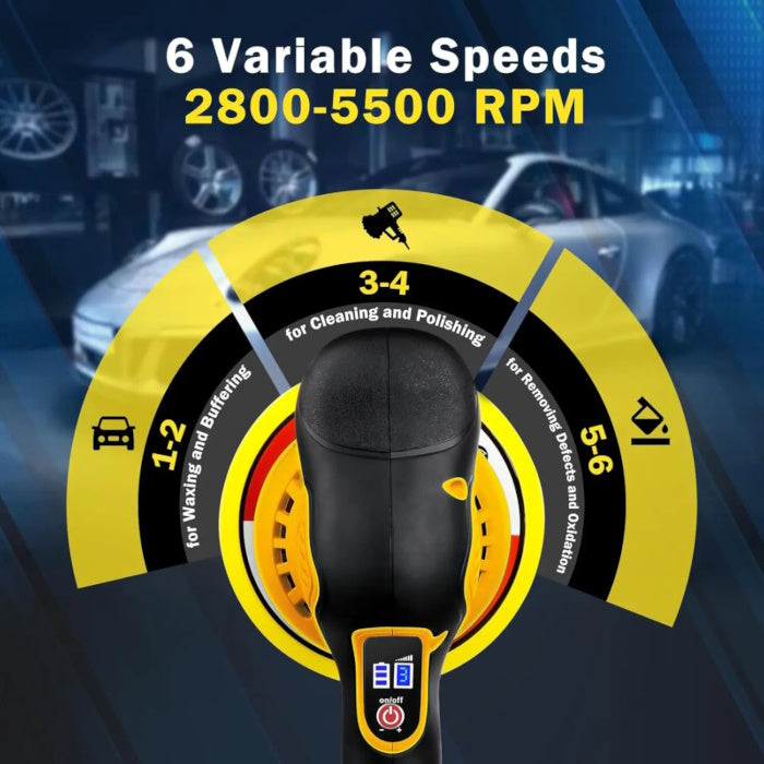 Diagram of 6 variable speeds for a car polisher ranging from 2800 to 5500 RPM