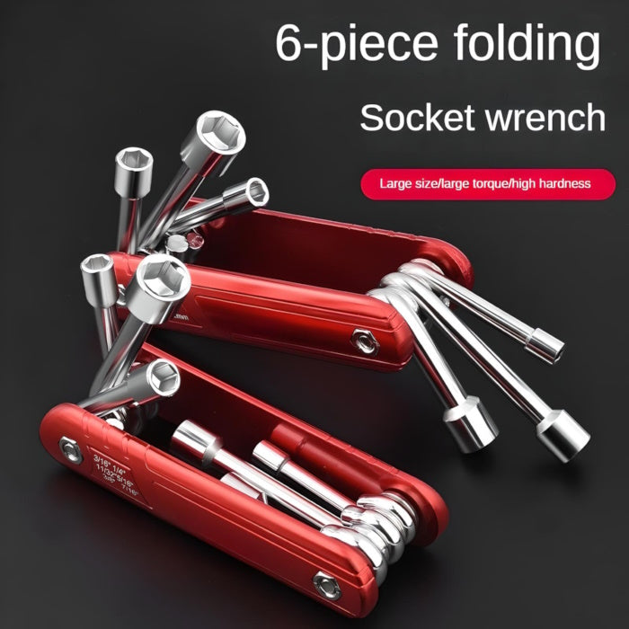 Heavy-duty 6-in-1 folding socket wrench set with 5-12mm hardened steel sockets