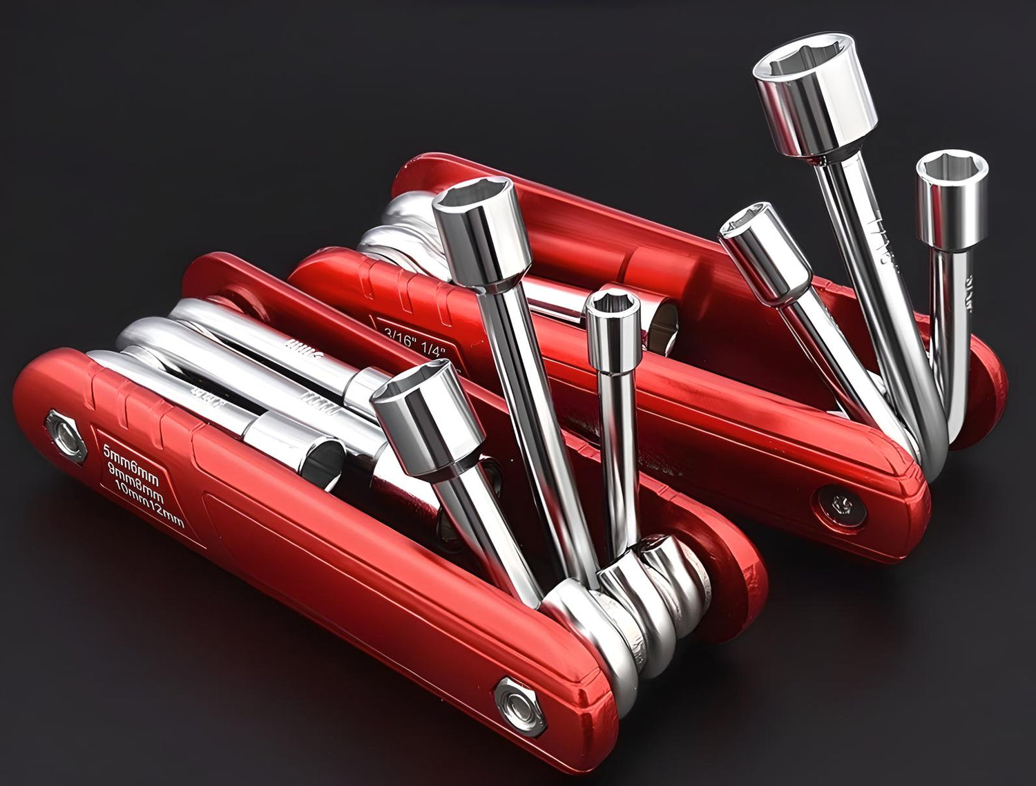 All six metric sockets of the 6-in-1 folding wrench for professional bike repair