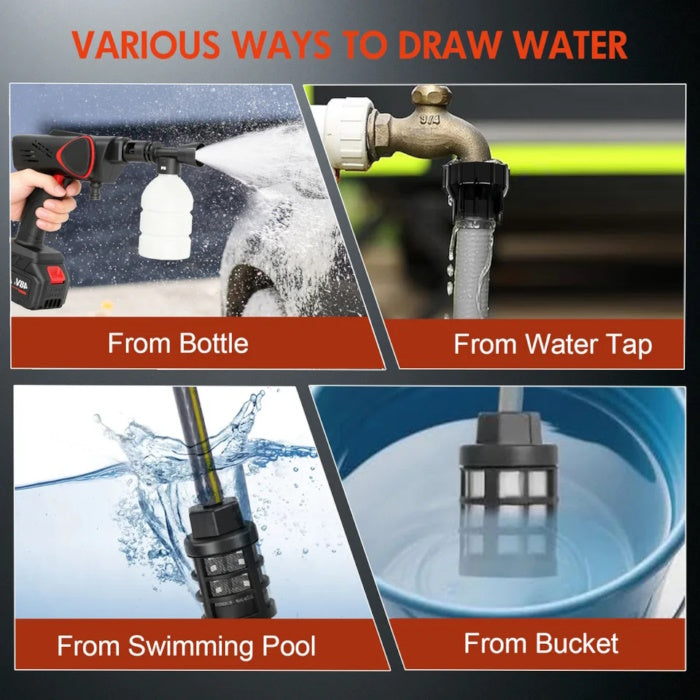 Hand adjusting the multi-function 6-in-1 nozzle on a cordless pressure washer