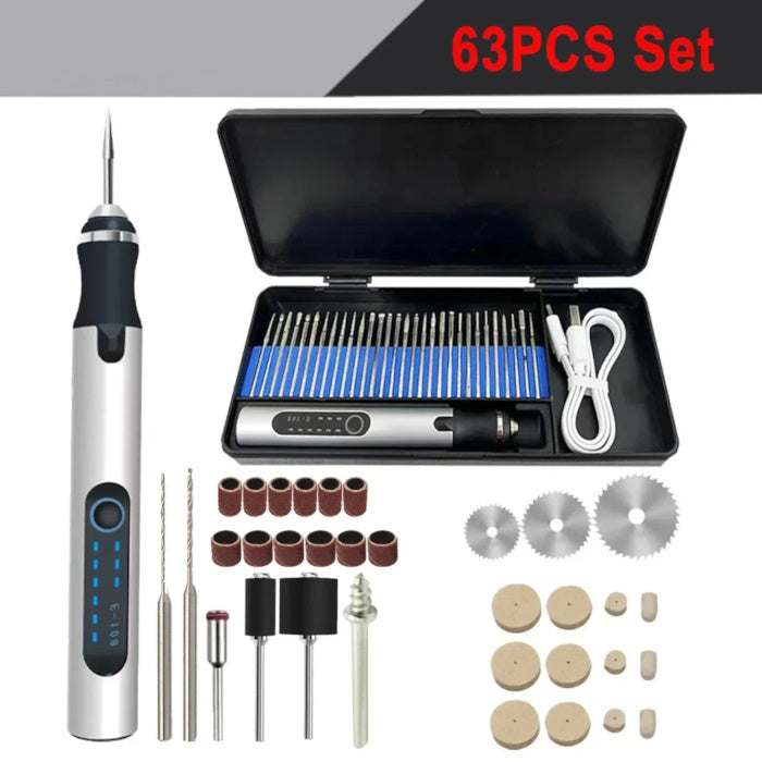 63-piece engraving set with felt polishing tips, saw blades, and USB-C pen.