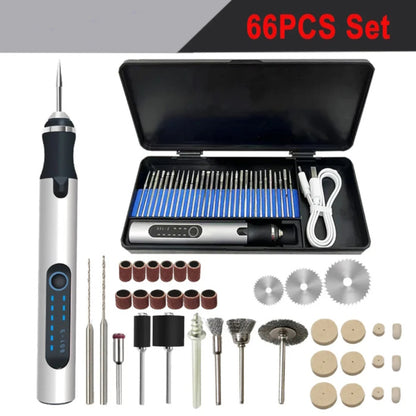 66-piece engraver kit with wire brushes, felt wheels, saw blades, and USB-C pen.