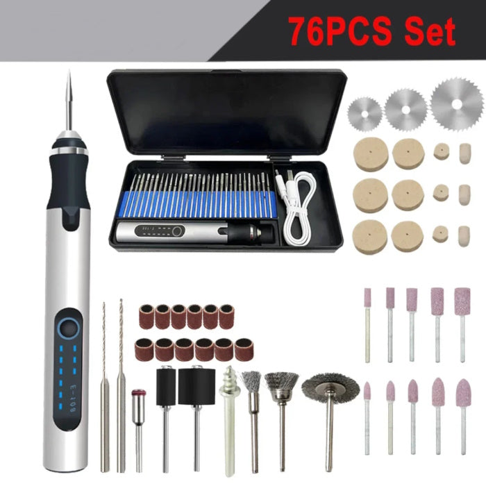 76-piece engraver set with grinding stones, wire brushes, and polishing wheels.
