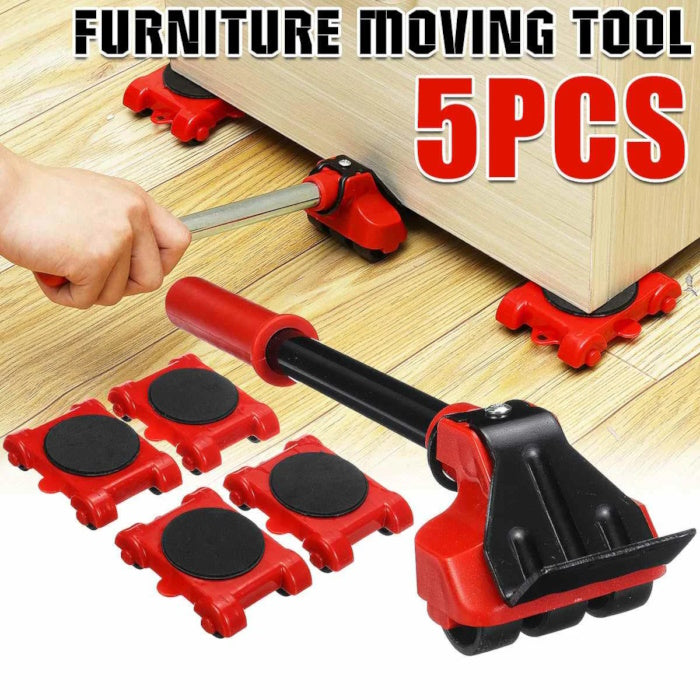Heavy-duty iron furniture lifter tool raising a wooden cabinet at a 90° angle.