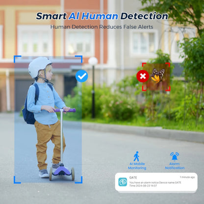 Child on a scooter with smart AI human detection technology overlay