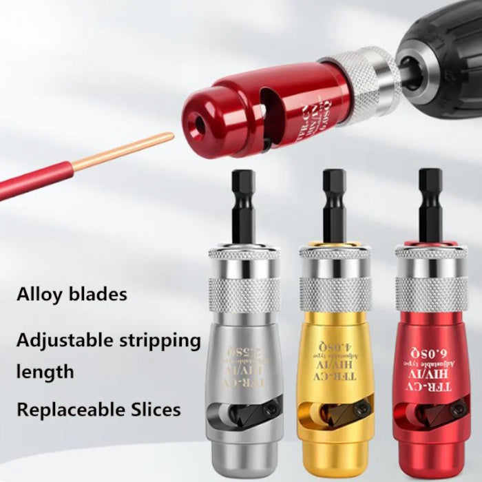 Three colorful wire stripper drill bits with adjustable length and alloy blades.