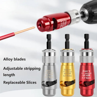 Three colorful wire stripper drill bits with adjustable length and alloy blades.
