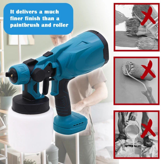 Close-up of adjusting the paint flow control knob on a cordless spray gun