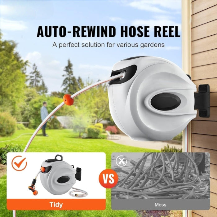 Comparison of a tidy garden hose reel vs a messy tangled hose on the ground.