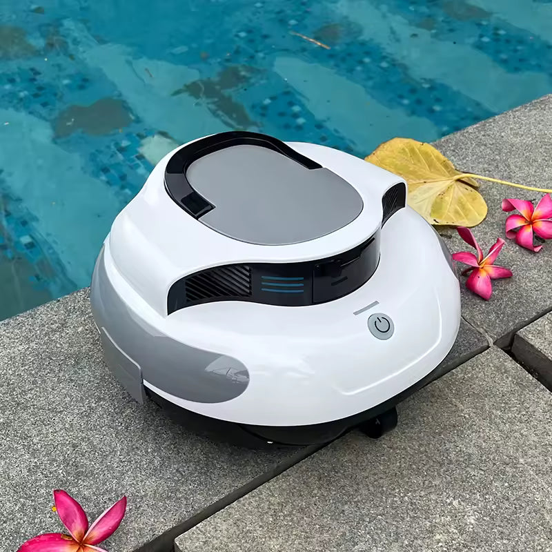 Robotic pool cleaner with accessories including brushes, remote, and power adapter