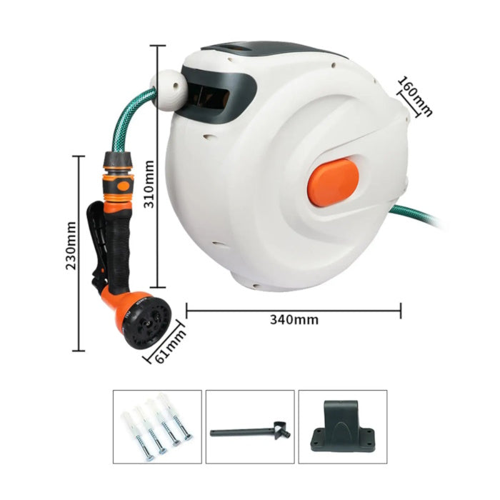Diagram showing dimensions 340mm x 310mm x 160mm of the automatic garden hose reel.