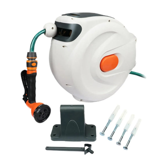 White automatic hose reel with spray nozzle, wall bracket, and mounting screws.