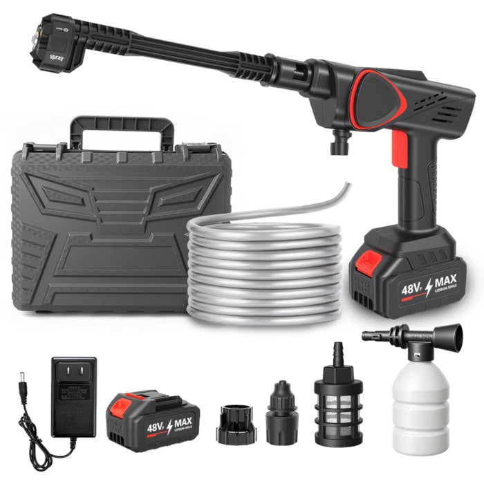 Black handheld cordless pressure washer with 21V battery on white background