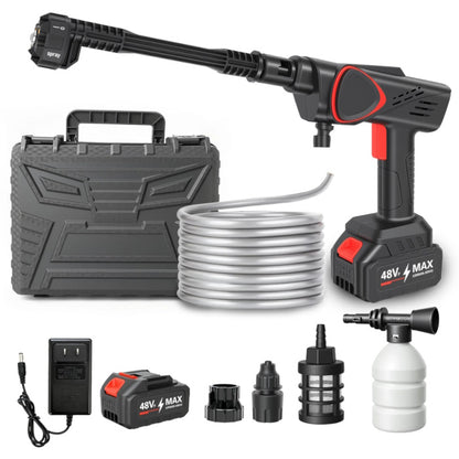 Black handheld cordless pressure washer with 21V battery on white background