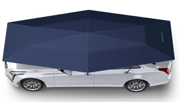 Top view of a blue hexagonal anti-UV car sun umbrella on a white sedan