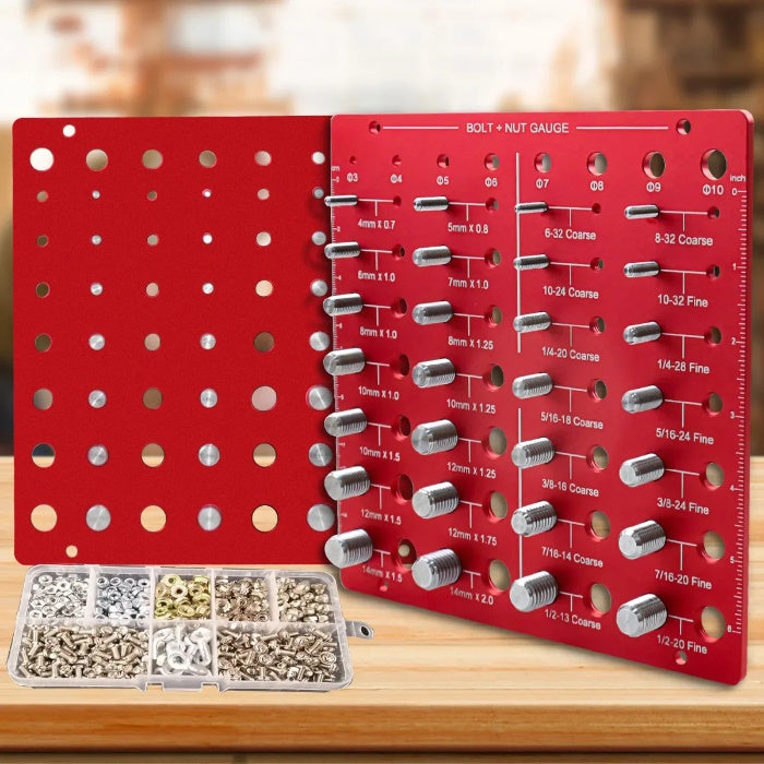 Red aluminum thread checker board next to a clear plastic organizer box of bolts.