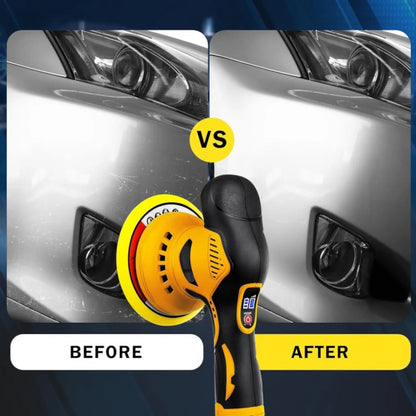 Before and after car polishing showing scratch removal with a yellow buffer tool.