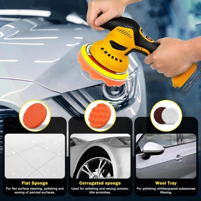 Yellow car polisher being used with flat, corrugated, and wool pad options.